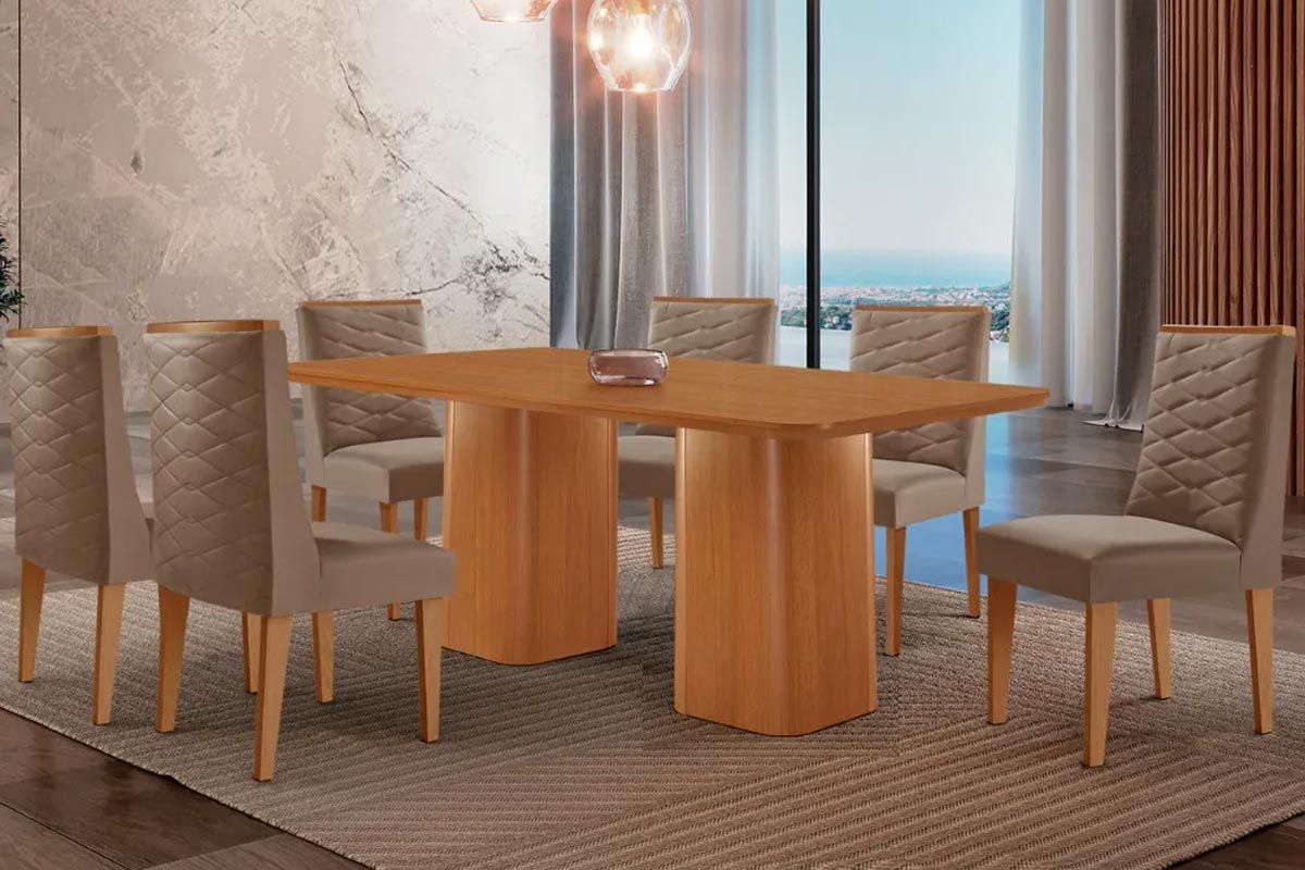 Sala Jantar Mesa Maldivas Tampo Curvo 180cm+6 Cadeiras Dafne Madeira - Rufato