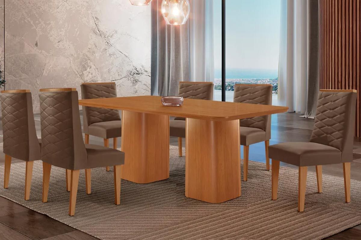 Sala Jantar Mesa Maldivas Tampo Curvo 180cm+6 Cadeiras Dafne Madeira - Rufato