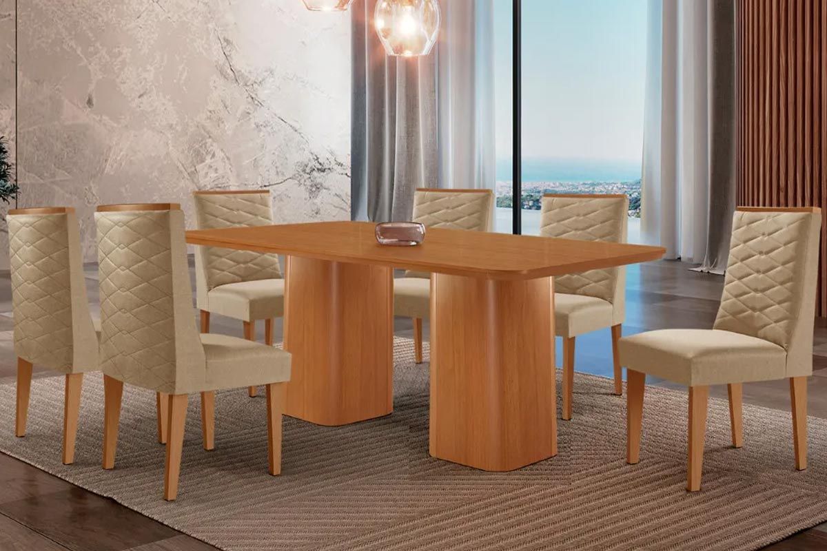 Sala Jantar Mesa Maldivas Tampo Curvo 180cm+6 Cadeiras Dafne Madeira - Rufato