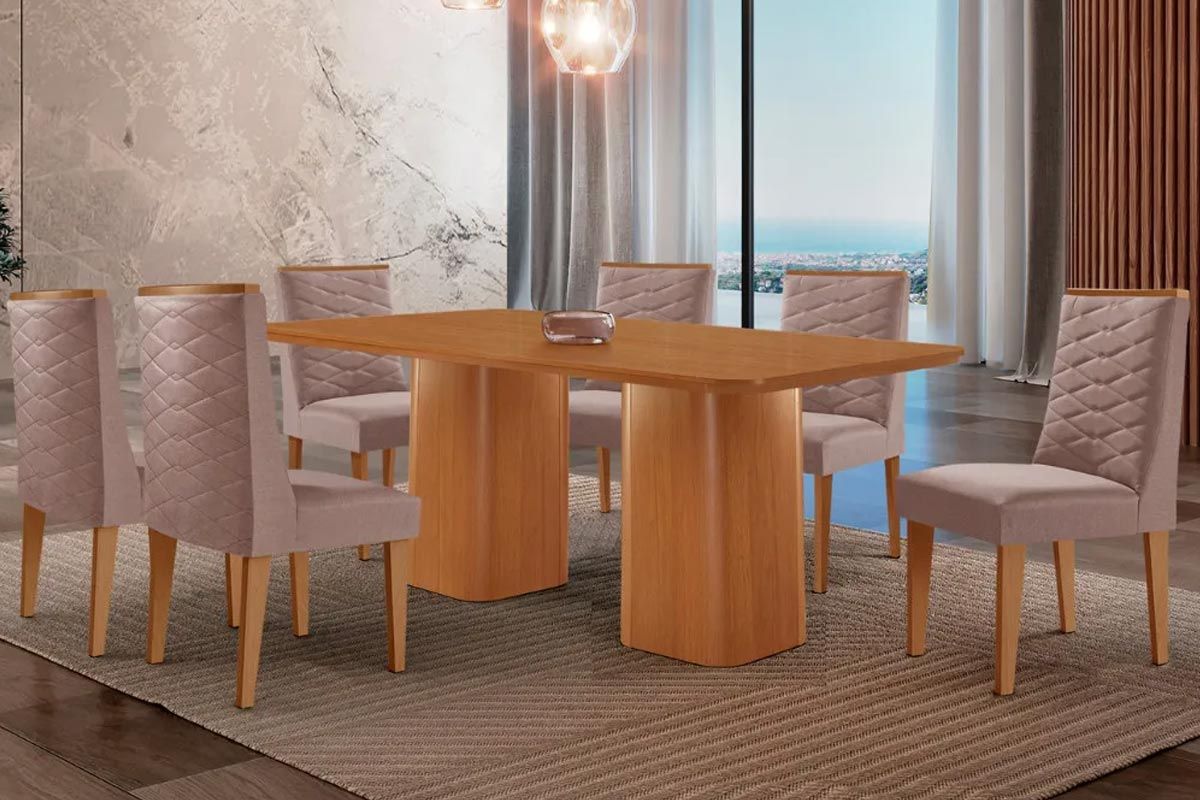 Sala Jantar Mesa Maldivas Tampo Curvo 180cm+6 Cadeiras Dafne Madeira - Rufato