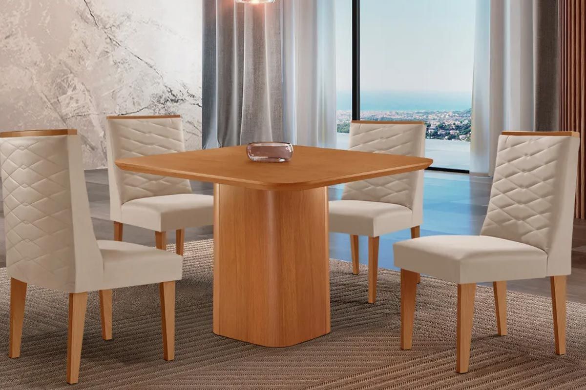 Sala Jantar Mesa Maldivas Tampo Curvo 90cm+4 Cadeiras Dafne Madeira - Rufato