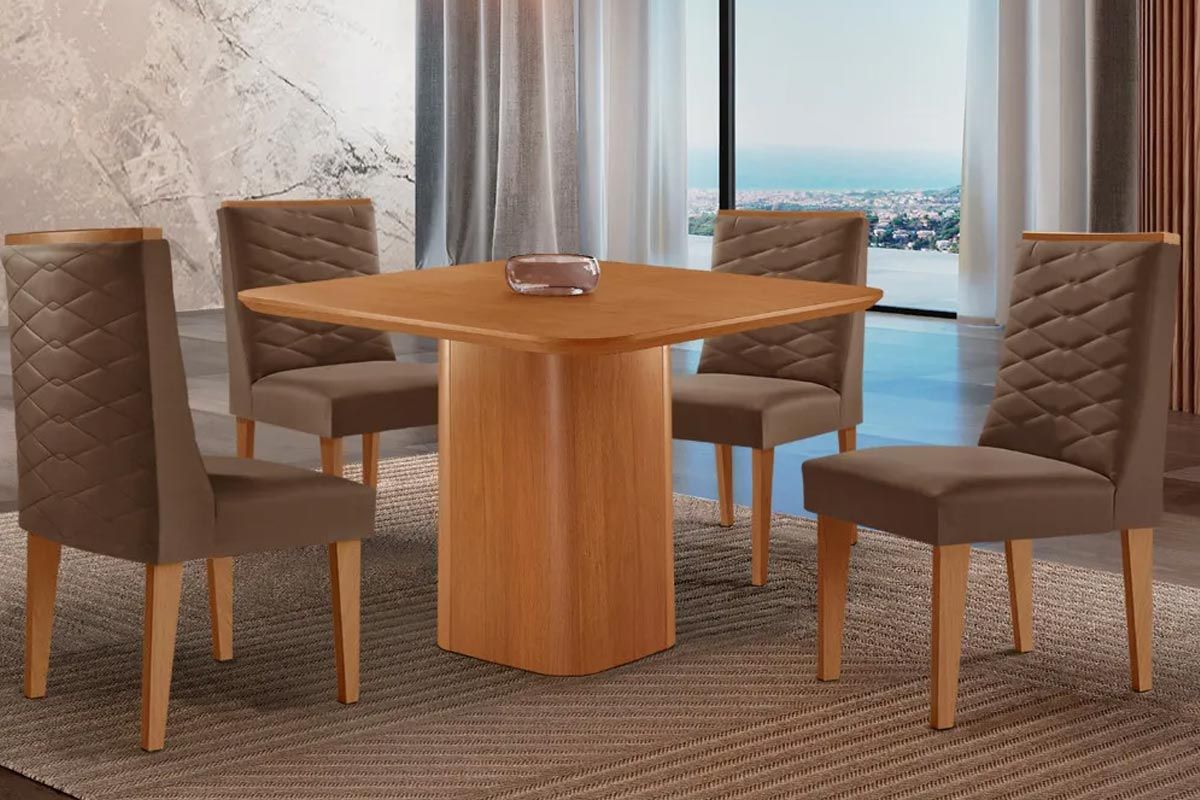 Sala Jantar Mesa Maldivas Tampo Curvo 90cm+4 Cadeiras Dafne Madeira - Rufato