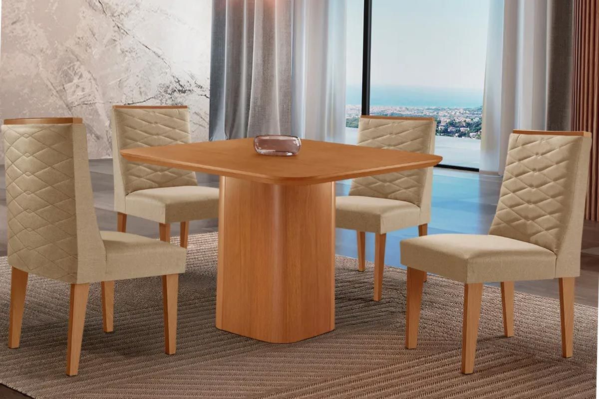 Sala Jantar Mesa Maldivas Tampo Curvo 90cm+4 Cadeiras Dafne Madeira - Rufato
