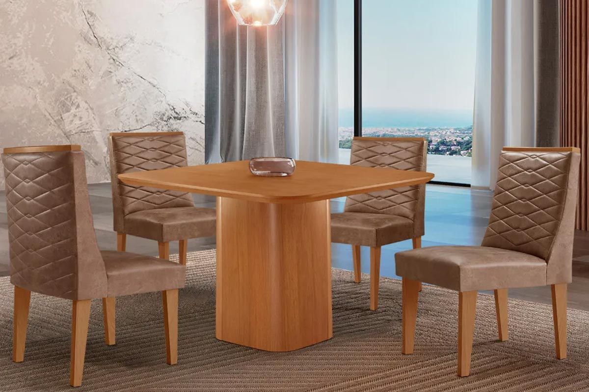 Sala Jantar Mesa Maldivas Tampo Curvo 90cm+4 Cadeiras Dafne Madeira - Rufato