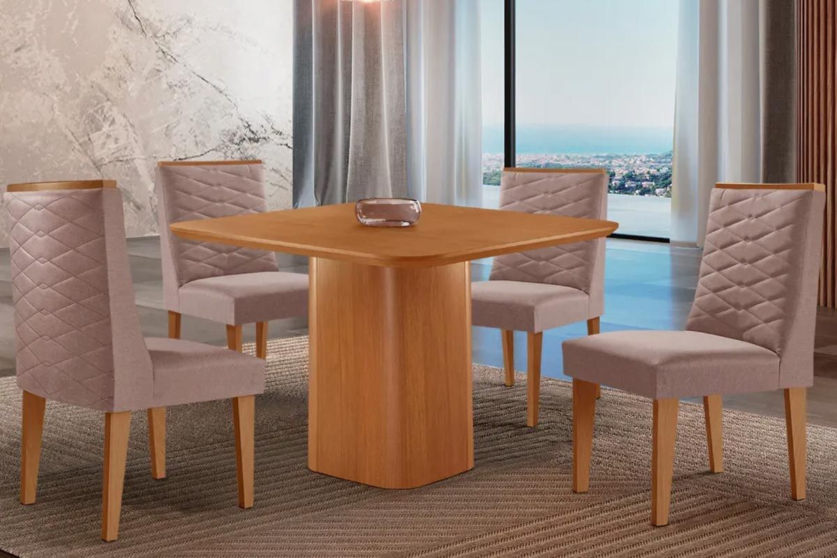 Sala Jantar Mesa Maldivas Tampo Curvo 90cm+4 Cadeiras Dafne Madeira - Rufato