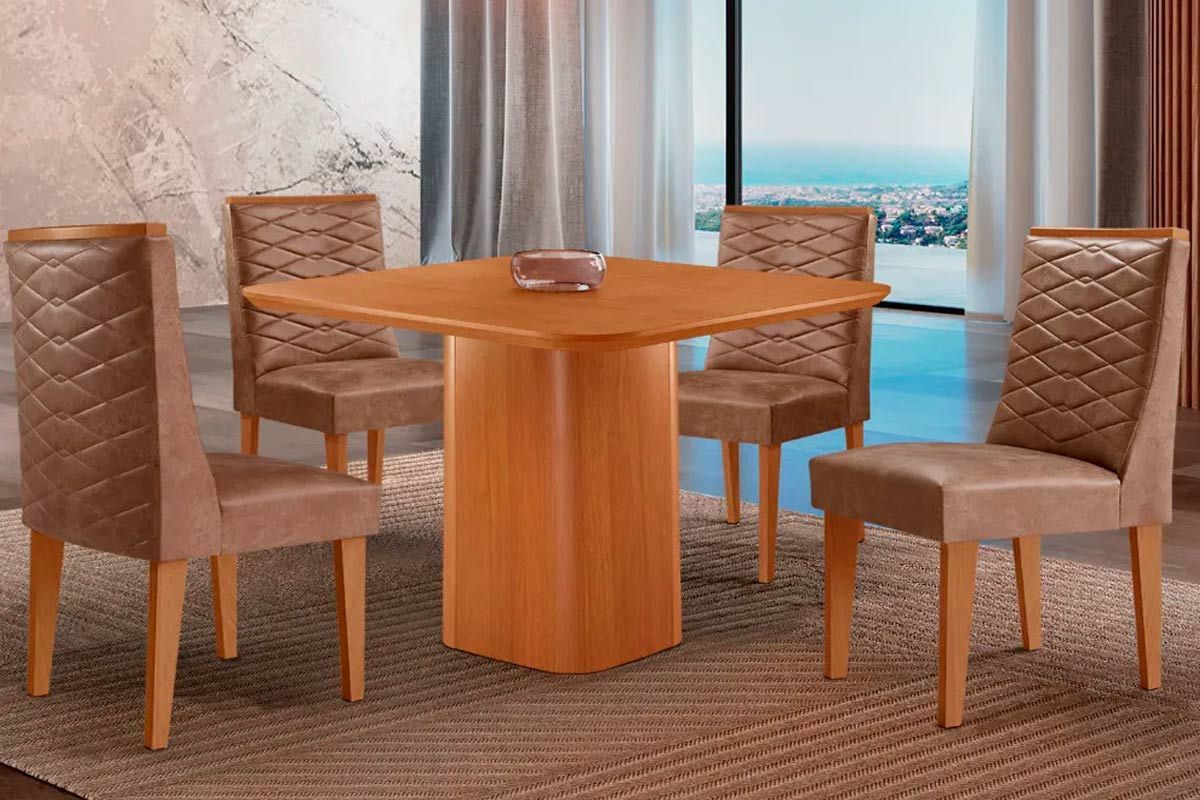 Sala Jantar Mesa Maldivas Tampo Curvo 90cm+4 Cadeiras Dafne Madeira - Rufato