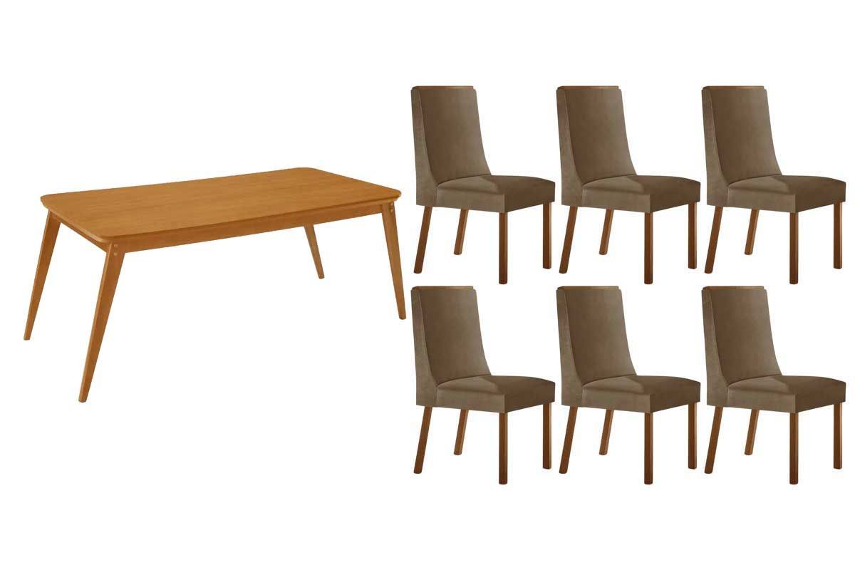 Sala Jantar Mesa Havana Tampo Curvo 180cm+6 Cadeiras Dakota Madeira - Rufato