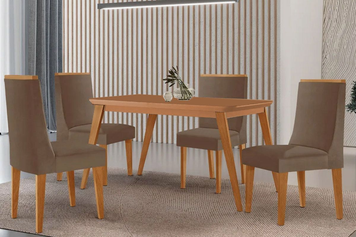 Sala Jantar Mesa Havana Tampo Curvo 120cm+4 Cadeiras Dakota Madeira - Rufato