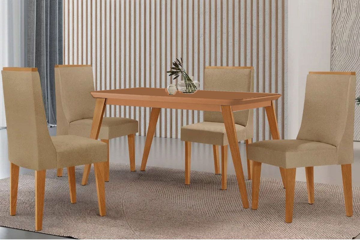 Sala Jantar Mesa Havana Tampo Curvo 120cm+4 Cadeiras Dakota Madeira - Rufato