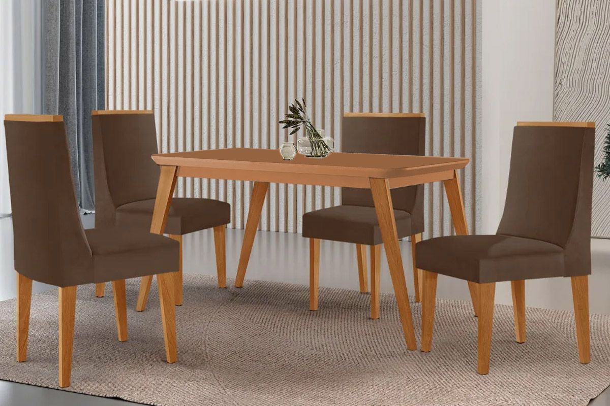 Sala Jantar Mesa Havana Tampo Curvo 120cm+4 Cadeiras Dakota Madeira - Rufato