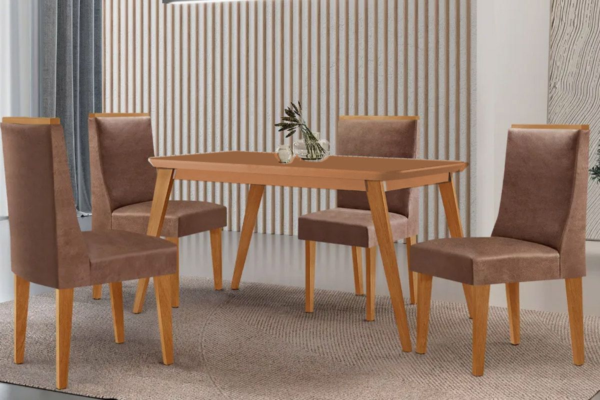Sala Jantar Mesa Havana Tampo Curvo 120cm+4 Cadeiras Dakota Madeira - Rufato