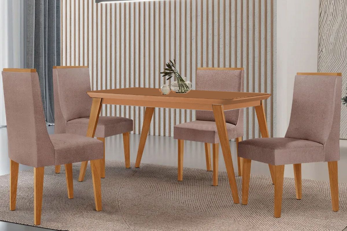 Sala Jantar Mesa Havana Tampo Curvo 120cm+4 Cadeiras Dakota Madeira - Rufato
