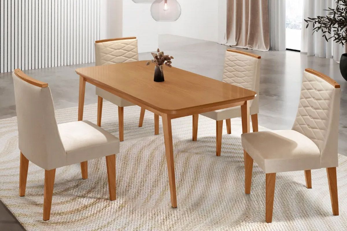 Sala Jantar Mesa Havana Tampo Curvo 120cm+4 Cadeiras Maldivas Madeira - Rufato