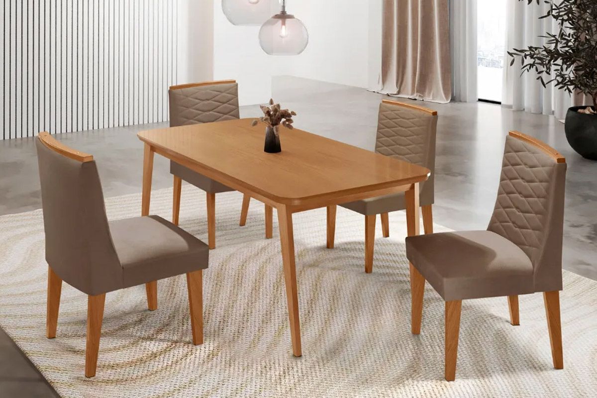 Sala Jantar Mesa Havana Tampo Curvo 120cm+4 Cadeiras Maldivas Madeira - Rufato