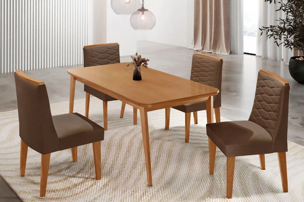 Sala Jantar Mesa Havana Tampo Curvo 120cm+4 Cadeiras Maldivas Madeira - Rufato