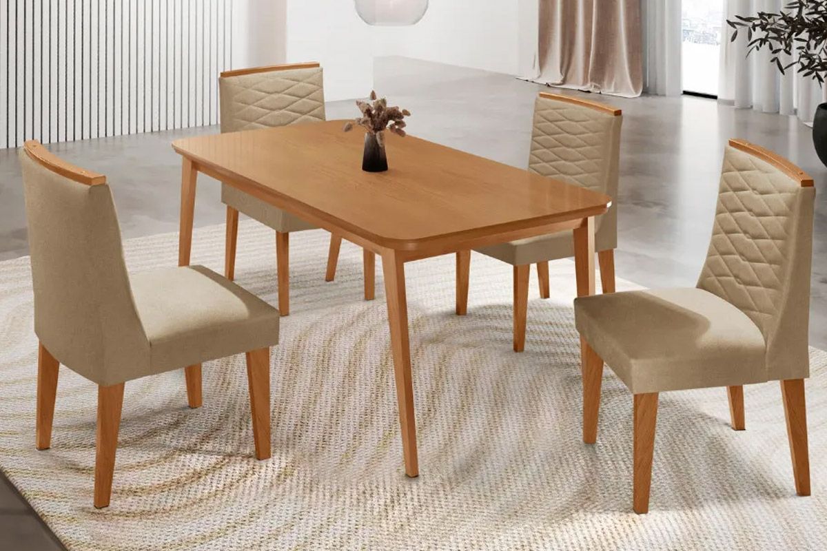Sala Jantar Mesa Havana Tampo Curvo 120cm+4 Cadeiras Maldivas Madeira - Rufato
