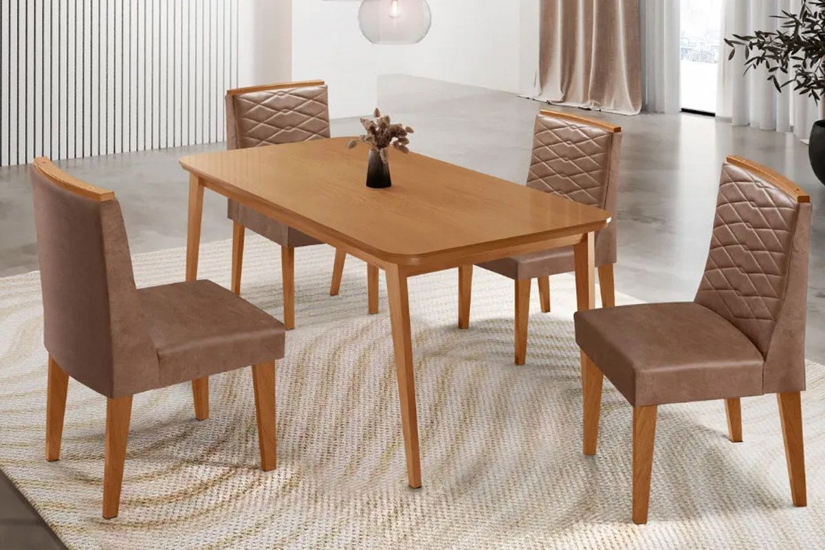 Sala Jantar Mesa Havana Tampo Curvo 120cm+4 Cadeiras Maldivas Madeira - Rufato