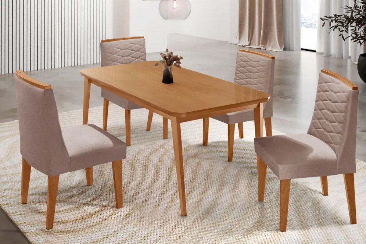 Sala Jantar Mesa Havana Tampo Curvo 120cm+4 Cadeiras Maldivas Madeira - Rufato