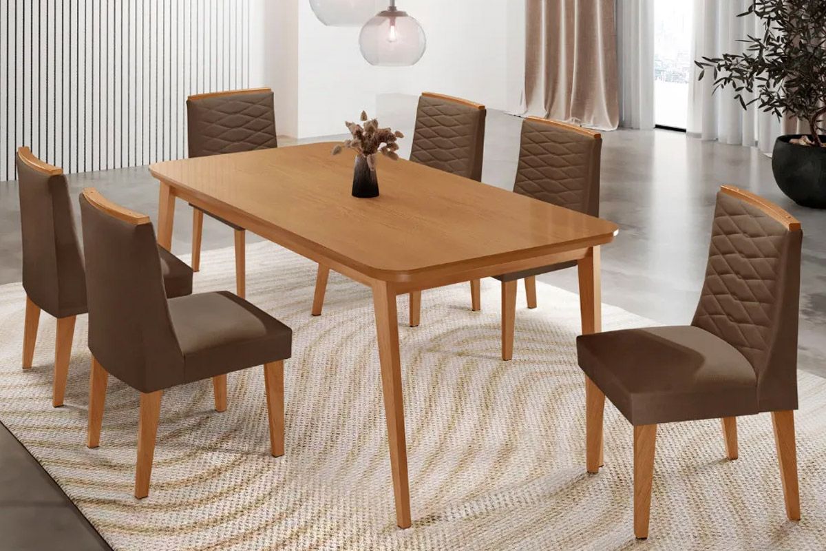 Sala Jantar Mesa Havana Tampo Curvo 180cm+6 Cadeiras Maldivas Madeira - Rufato
