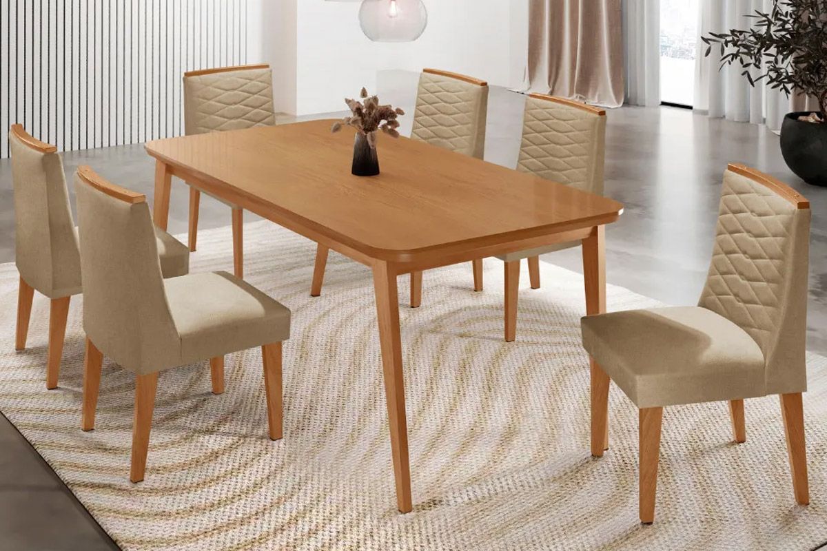 Sala Jantar Mesa Havana Tampo Curvo 180cm+6 Cadeiras Maldivas Madeira - Rufato