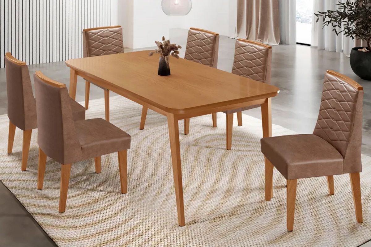 Sala Jantar Mesa Havana Tampo Curvo 180cm+6 Cadeiras Maldivas Madeira - Rufato