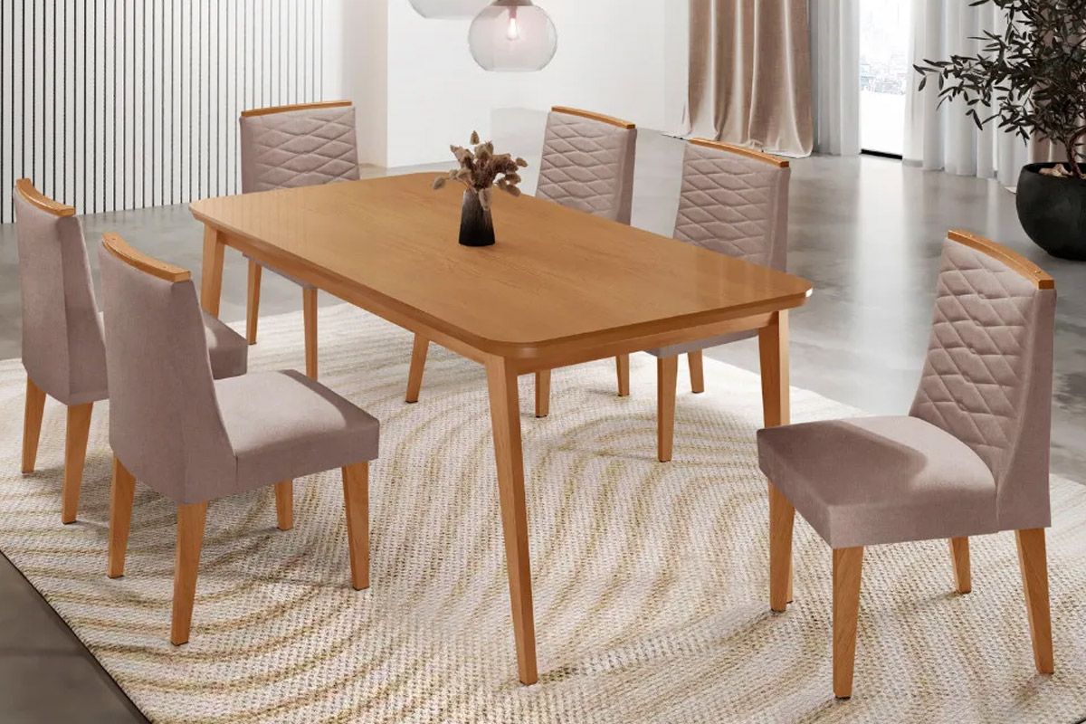 Sala Jantar Mesa Havana Tampo Curvo 180cm+6 Cadeiras Maldivas Madeira - Rufato