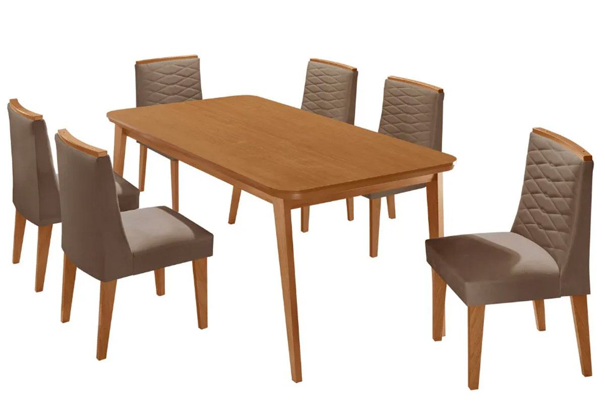 Sala Jantar Mesa Havana Tampo Curvo 180cm+6 Cadeiras Maldivas Madeira - Rufato