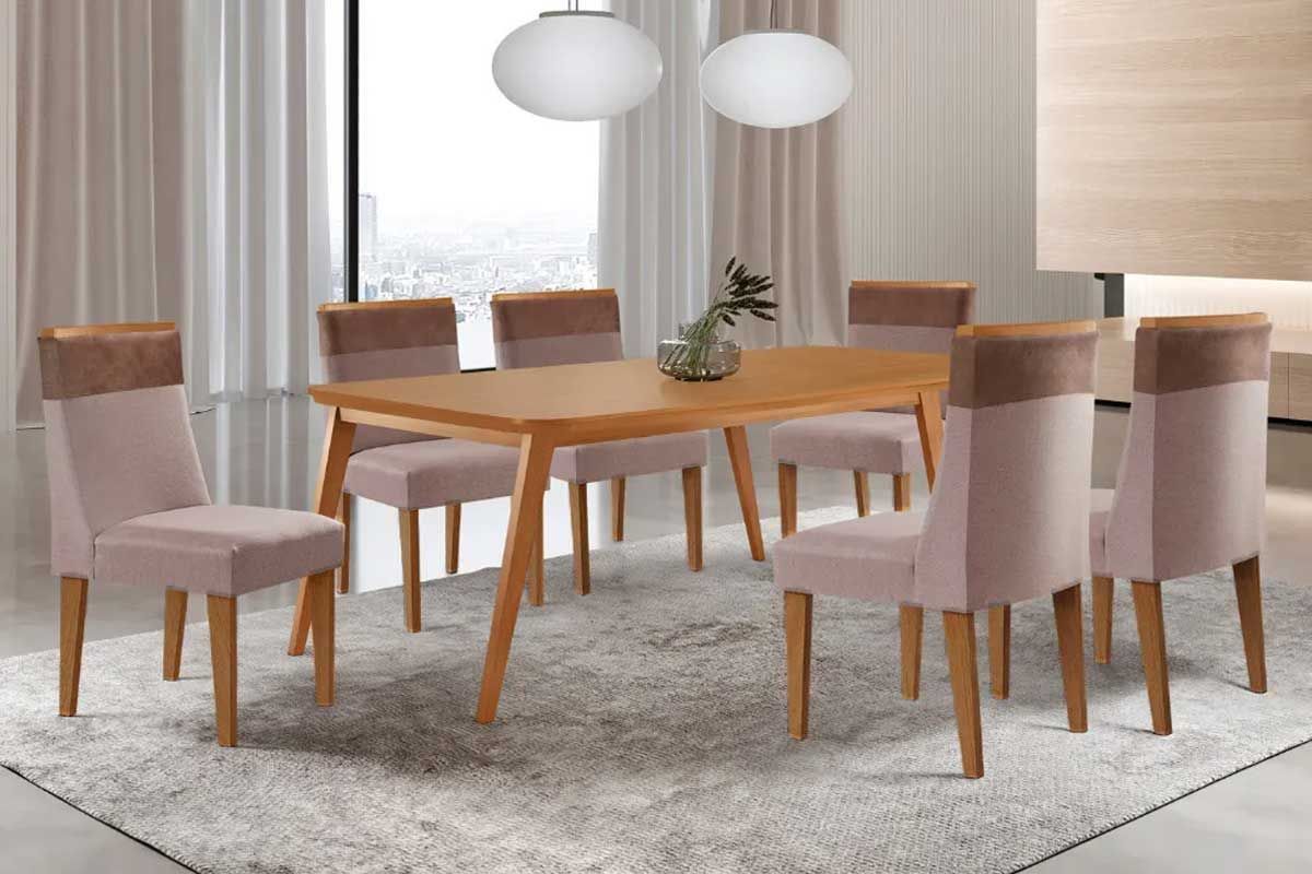 Sala Jantar Mesa Havana Tampo Curvo 180cm+6 Cadeiras Jaspe Madeira - Rufato