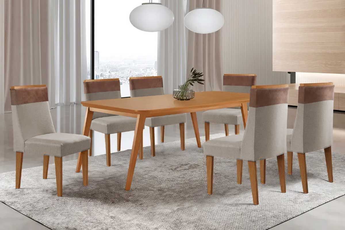 Sala Jantar Mesa Havana Tampo Curvo 180cm+6 Cadeiras Jaspe Madeira - Rufato