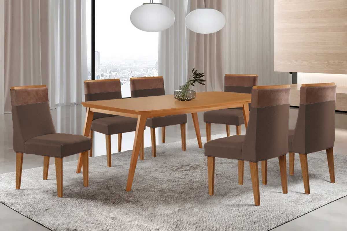 Sala Jantar Mesa Havana Tampo Curvo 180cm+6 Cadeiras Jaspe Madeira - Rufato