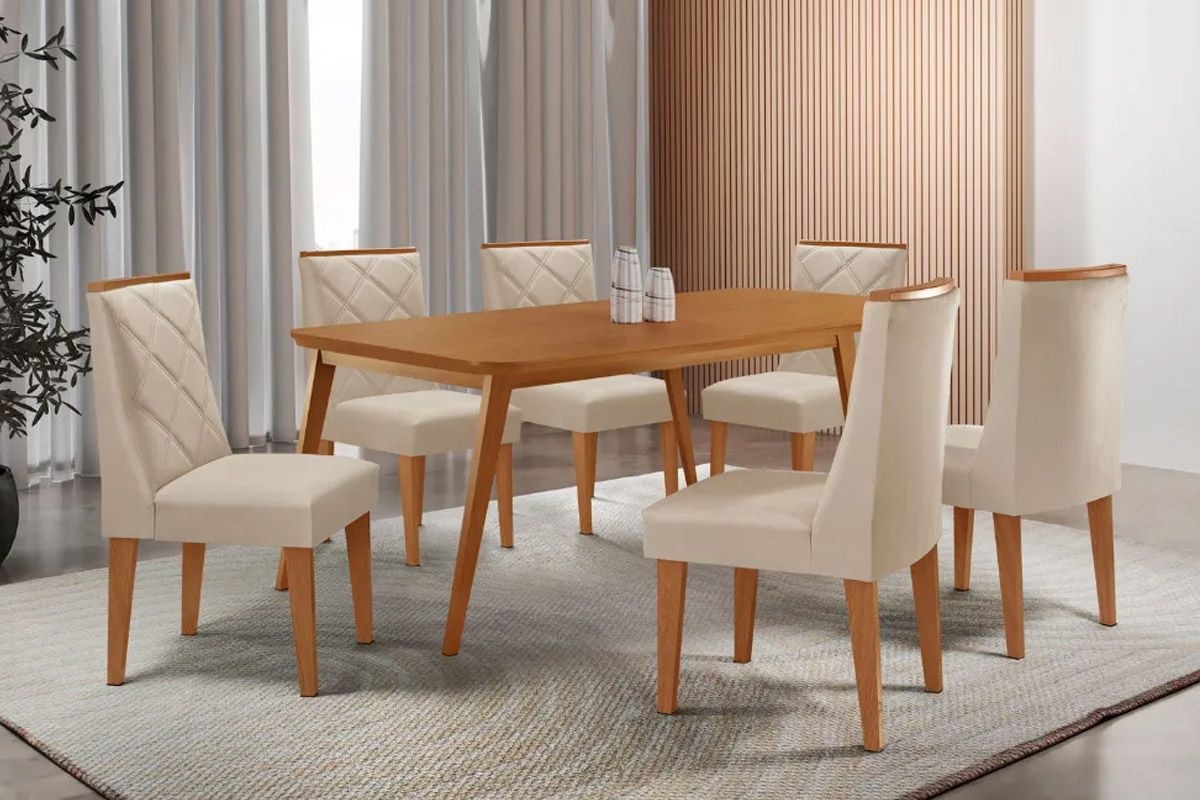Sala Jantar Mesa Havana Tampo Curvo 180cm+6 Cadeiras Pietá Madeira - Rufato