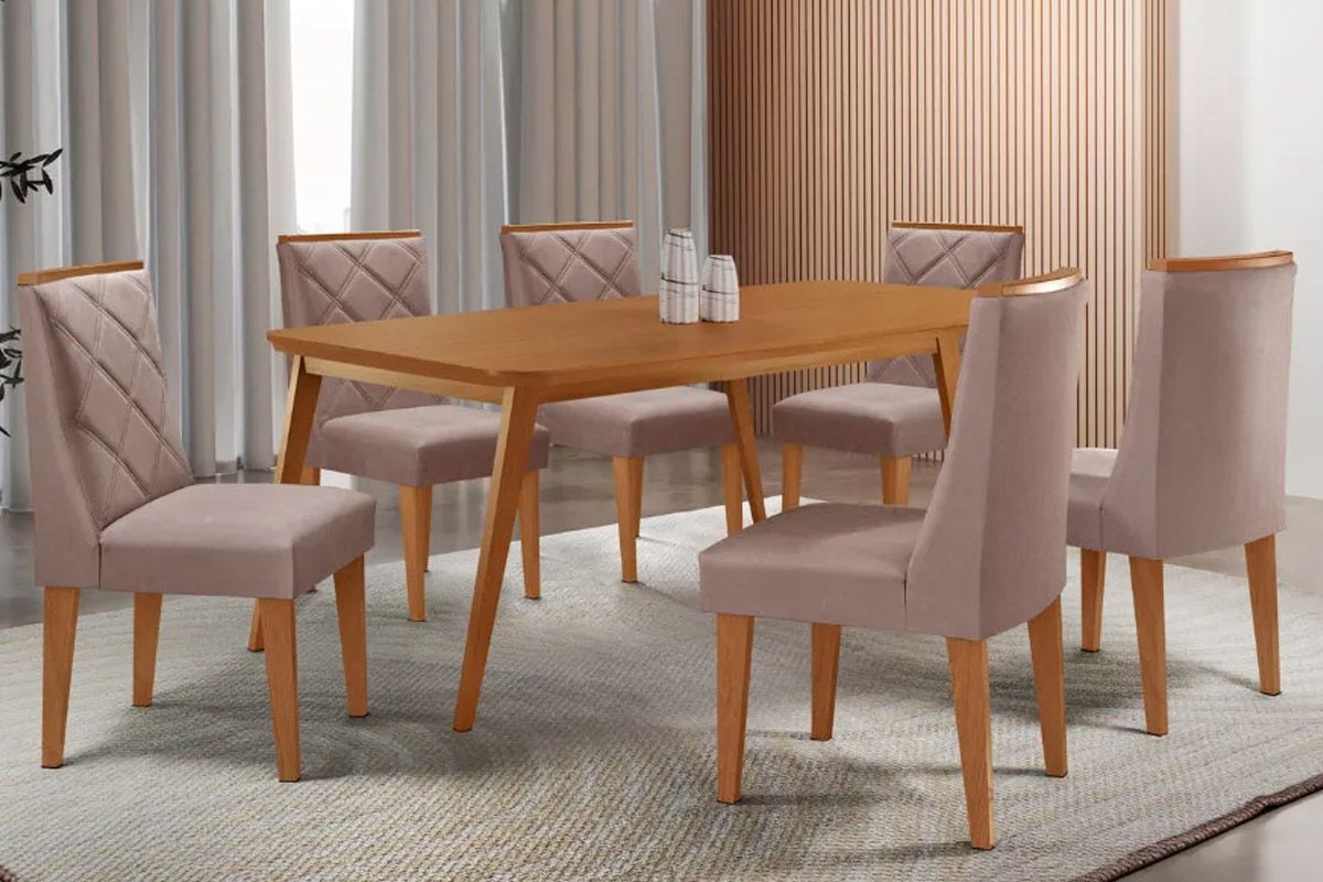 Sala Jantar Mesa Havana Tampo Curvo 180cm+6 Cadeiras Pietá Madeira - Rufato