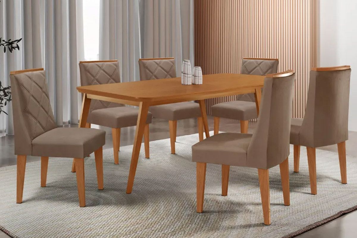 Sala Jantar Mesa Havana Tampo Curvo 180cm+6 Cadeiras Pietá Madeira - Rufato