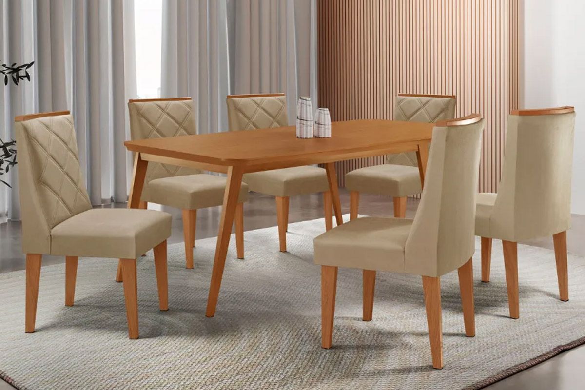 Sala Jantar Mesa Havana Tampo Curvo 180cm+6 Cadeiras Pietá Madeira - Rufato