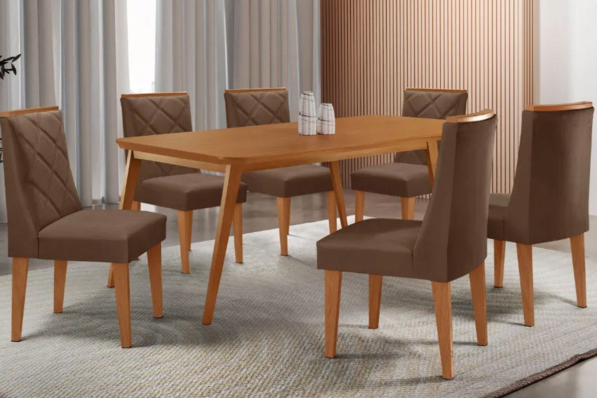 Sala Jantar Mesa Havana Tampo Curvo 180cm+6 Cadeiras Pietá Madeira - Rufato