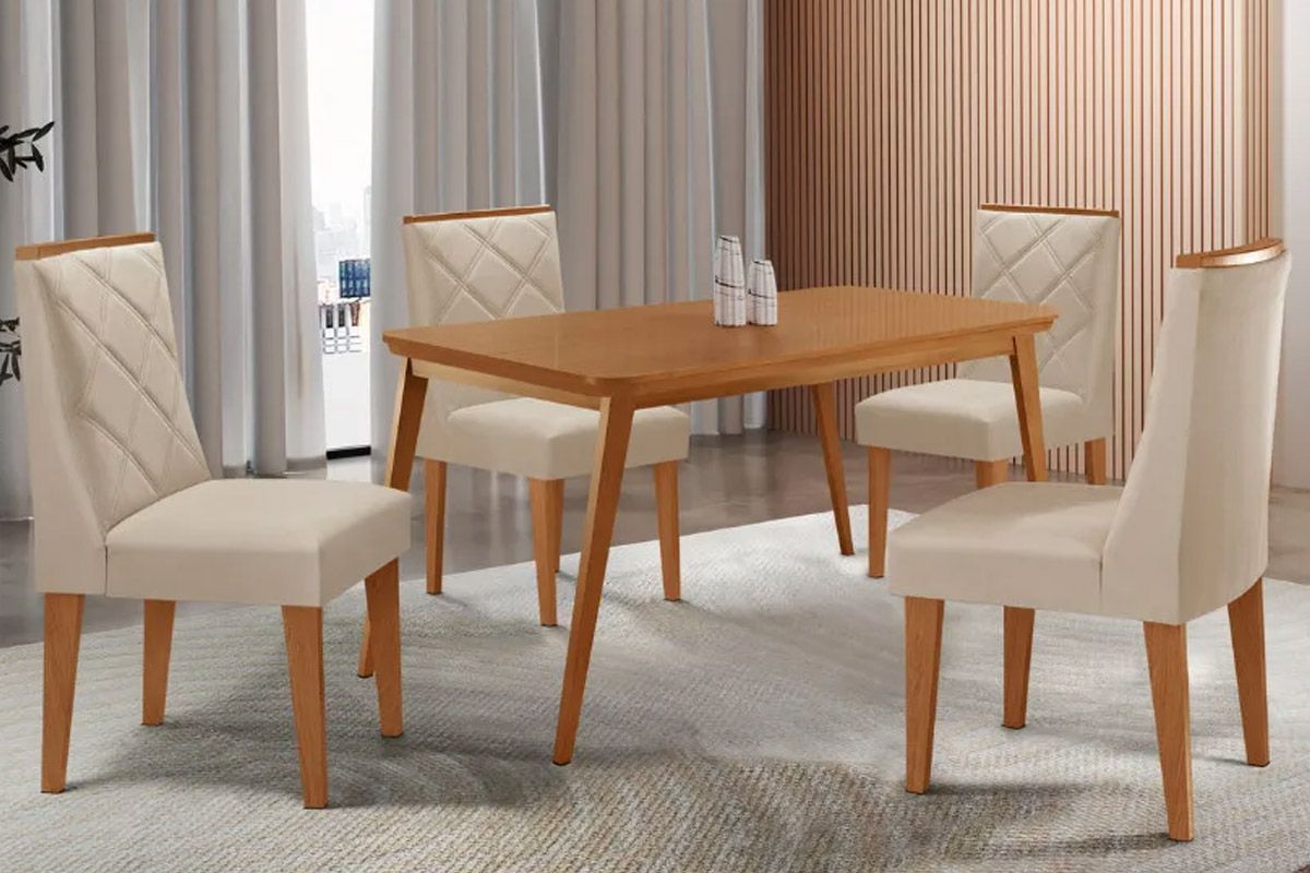 Sala Jantar Mesa Havana Tampo Curvo 120cm+4 Cadeiras Pietá Madeira - Rufato