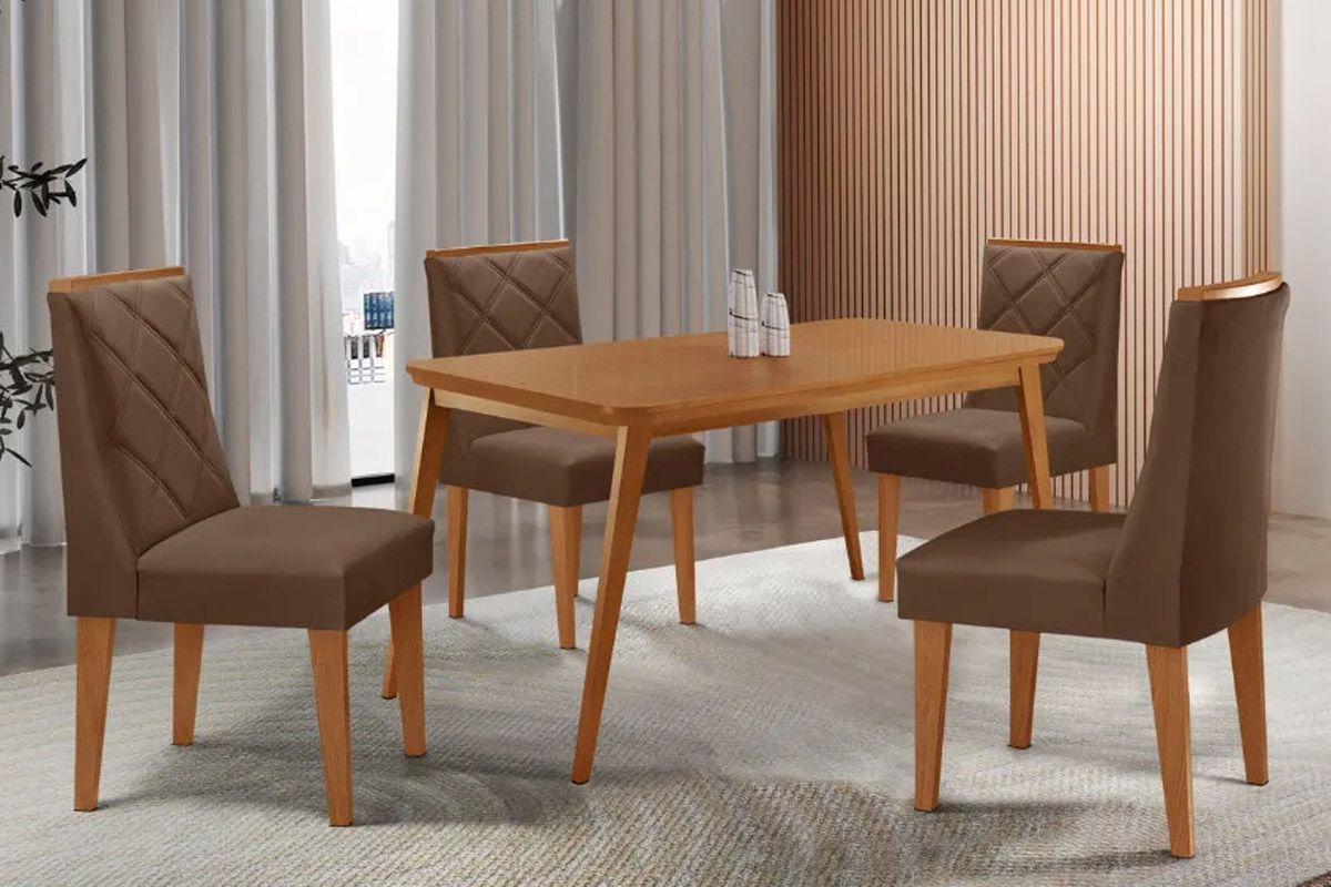 Sala Jantar Mesa Havana Tampo Curvo 120cm+4 Cadeiras Pietá Madeira - Rufato
