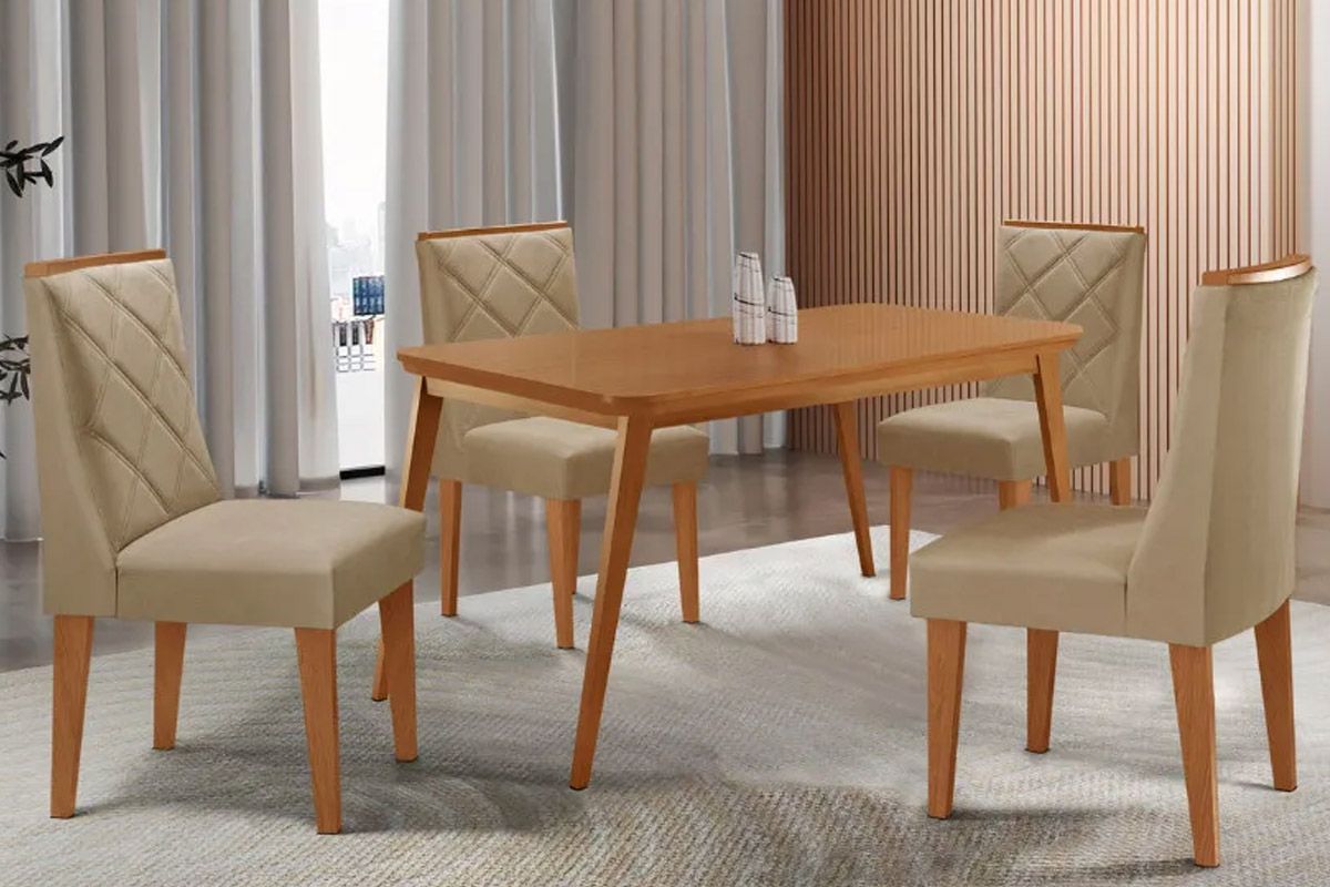 Sala Jantar Mesa Havana Tampo Curvo 120cm+4 Cadeiras Pietá Madeira - Rufato