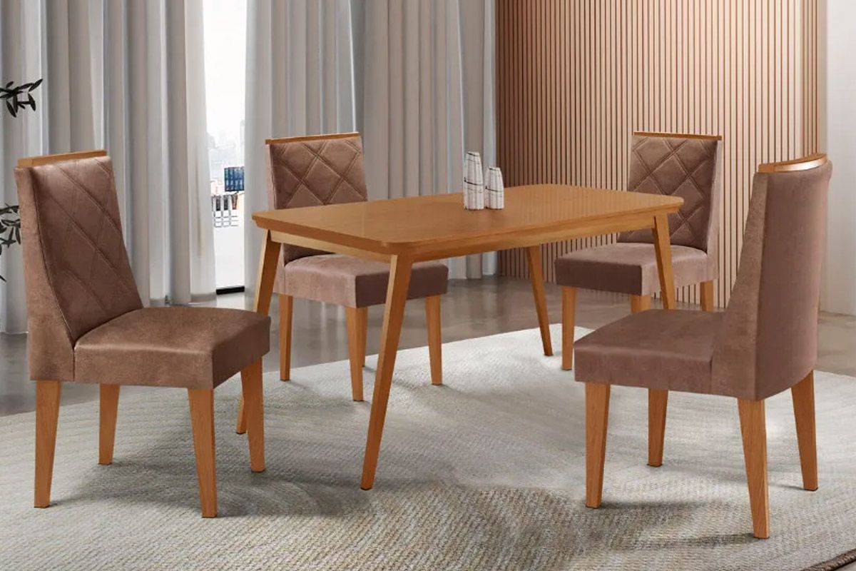 Sala Jantar Mesa Havana Tampo Curvo 120cm+4 Cadeiras Pietá Madeira - Rufato