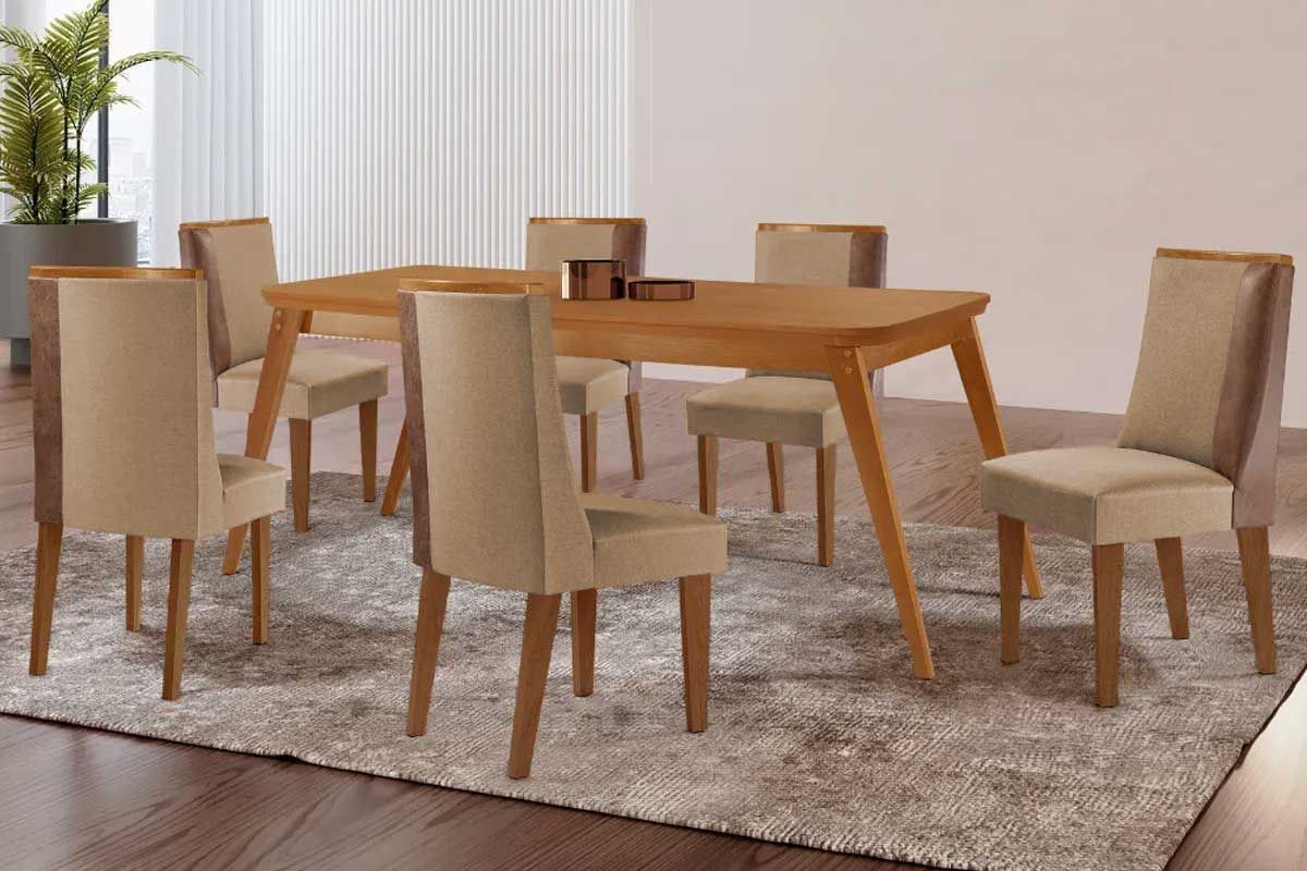 Sala Jantar Mesa Havana Tampo Curvo 180cm+6 Cadeiras Tilia Madeira - Rufato