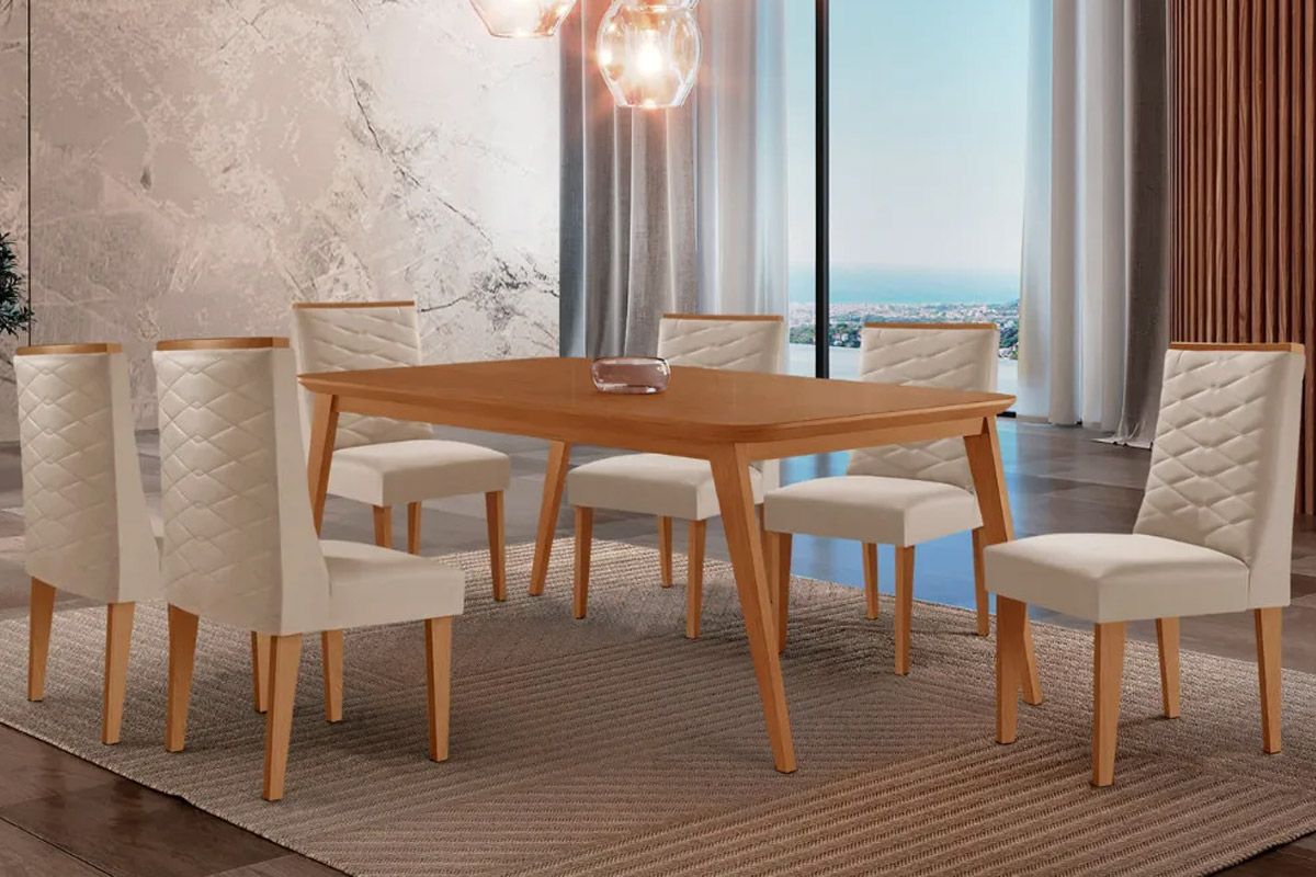 Sala Jantar Mesa Havana Tampo Curvo 180cm+6 Cadeiras Dafne Madeira - Rufato