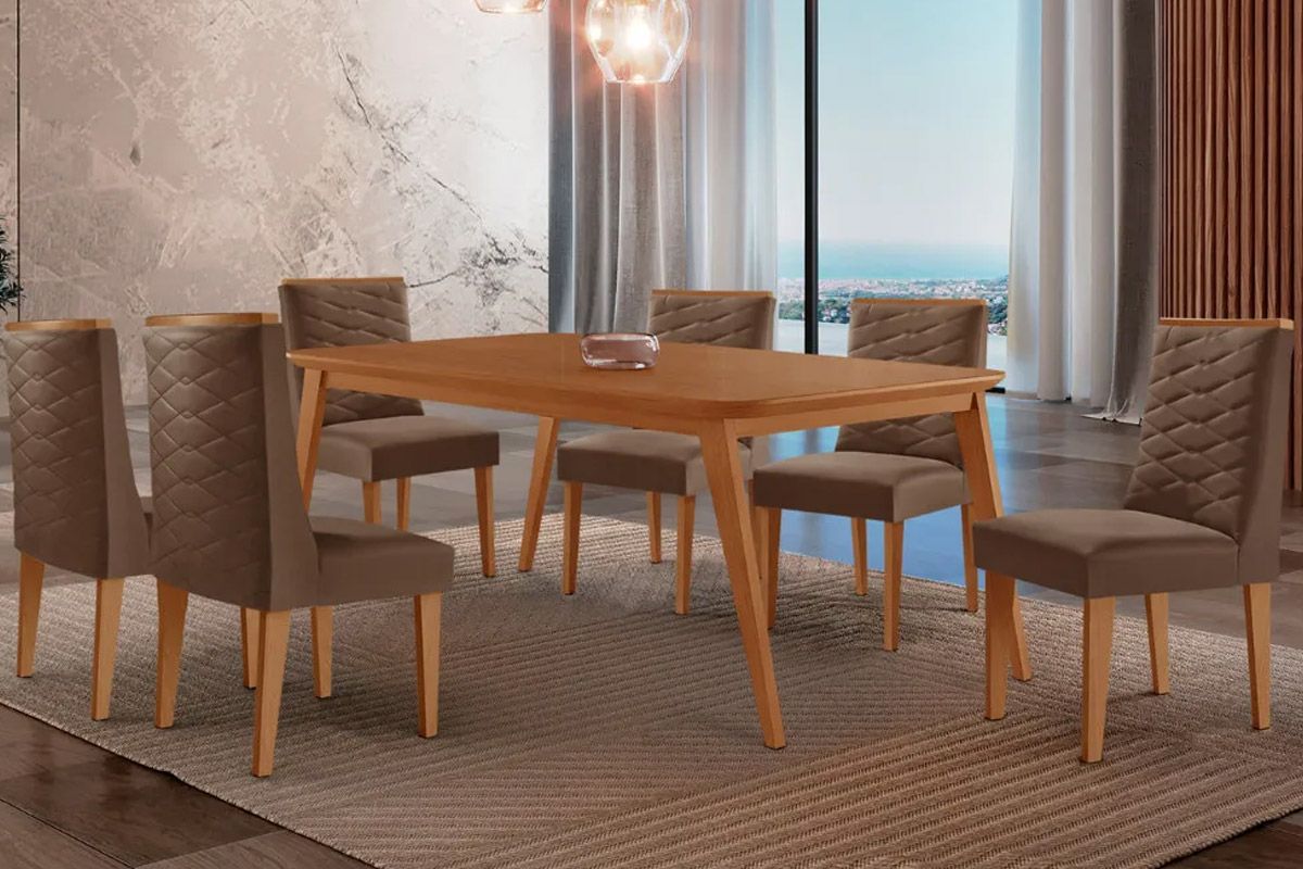 Sala Jantar Mesa Havana Tampo Curvo 180cm+6 Cadeiras Dafne Madeira - Rufato