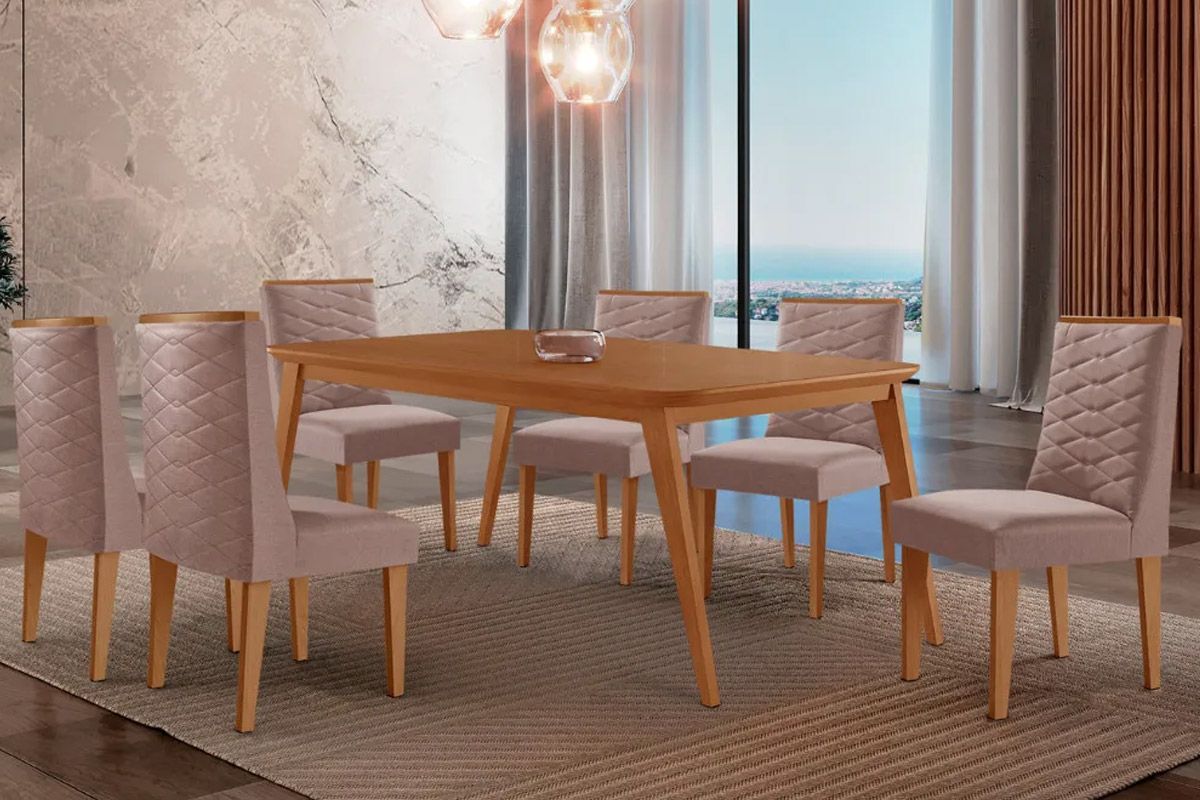 Sala Jantar Mesa Havana Tampo Curvo 180cm+6 Cadeiras Dafne Madeira - Rufato