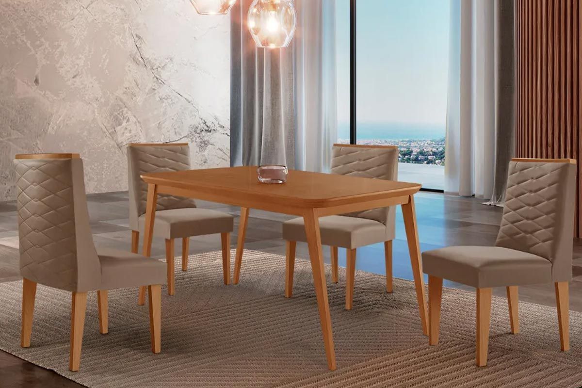 Sala Jantar Mesa Havana Tampo Curvo 120cm+4 Cadeiras Dafne Madeira - Rufato