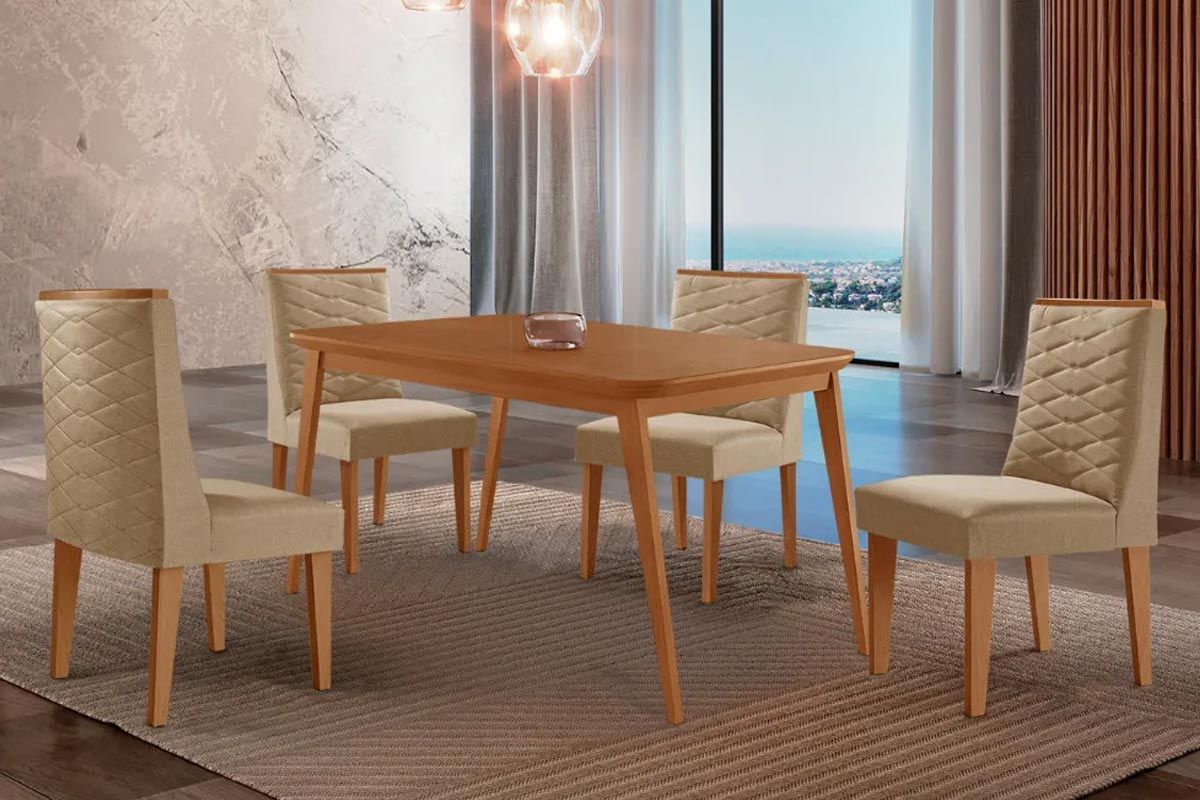 Sala Jantar Mesa Havana Tampo Curvo 120cm+4 Cadeiras Dafne Madeira - Rufato