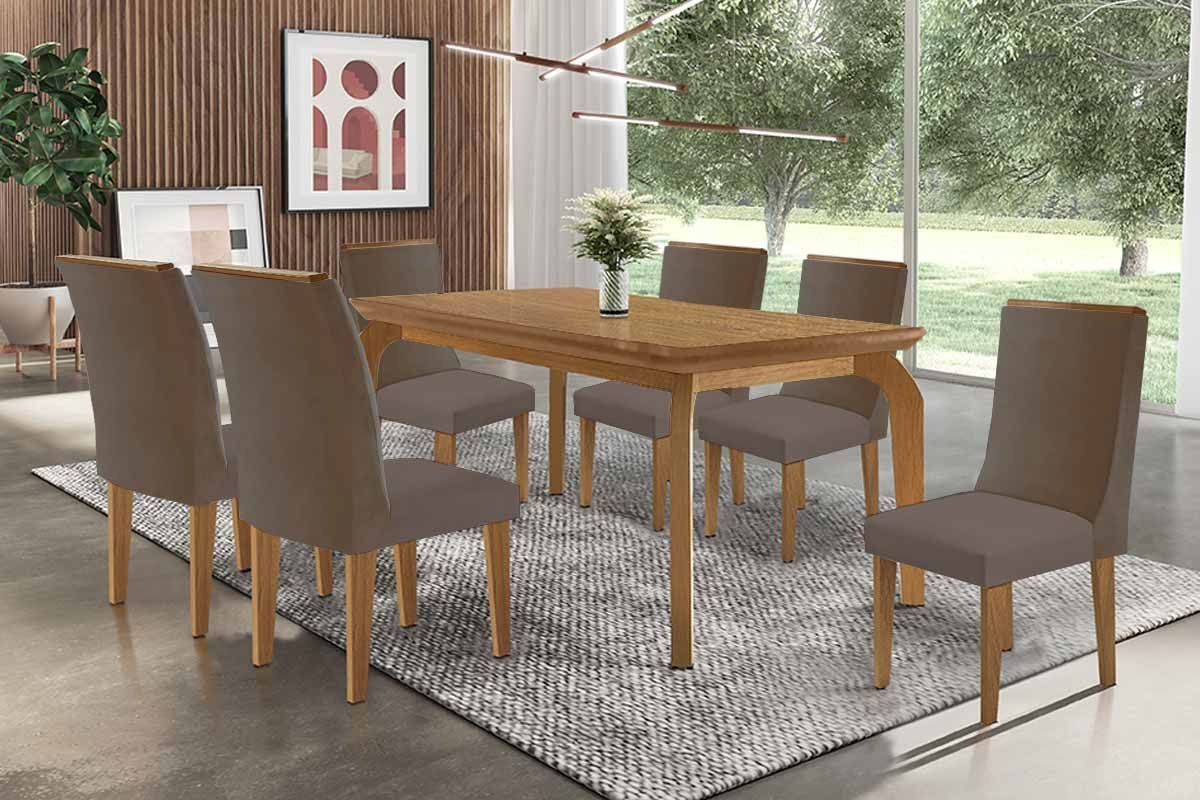 Sala Jantar Mesa Londrina Tampo Curvo 180cm+6 Cadeiras Dakota Madeira - Rufato