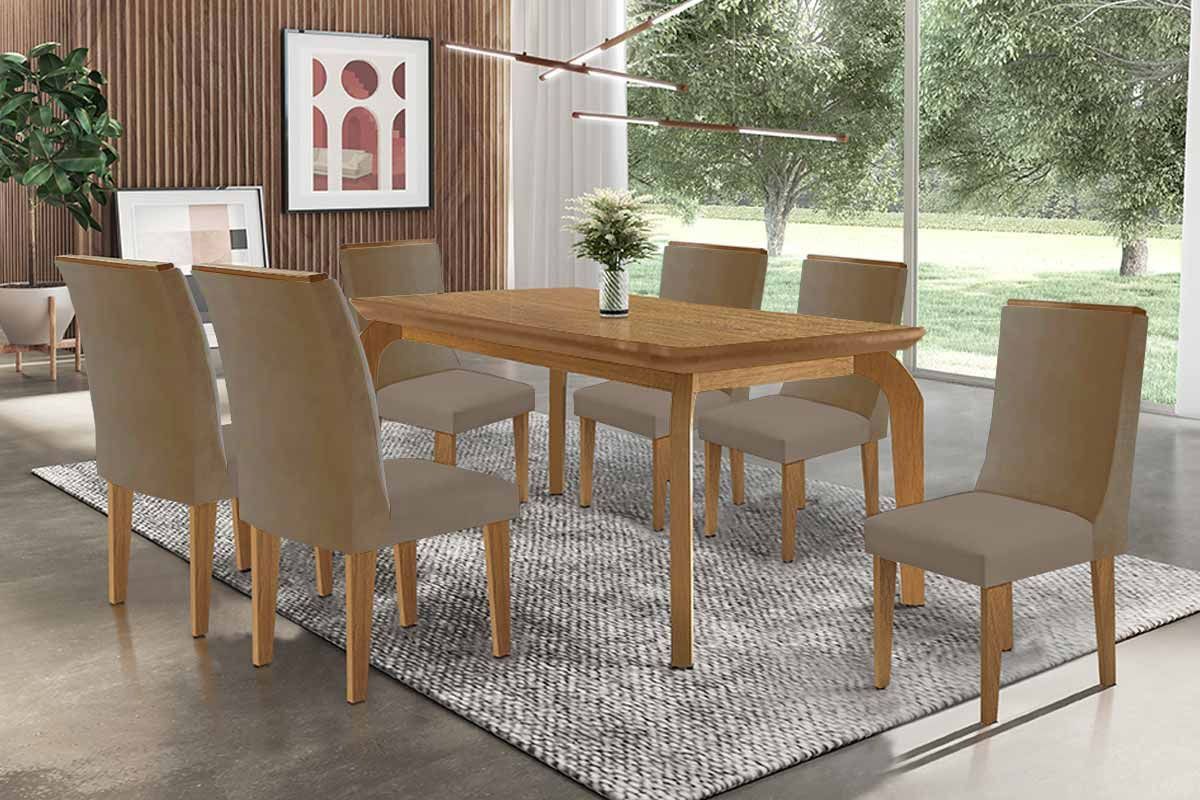 Sala Jantar Mesa Londrina Tampo Curvo 180cm+6 Cadeiras Dakota Madeira - Rufato