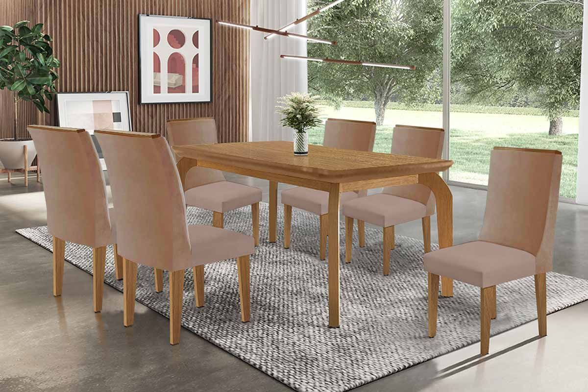 Sala Jantar Mesa Londrina Tampo Curvo 180cm+6 Cadeiras Dakota Madeira - Rufato