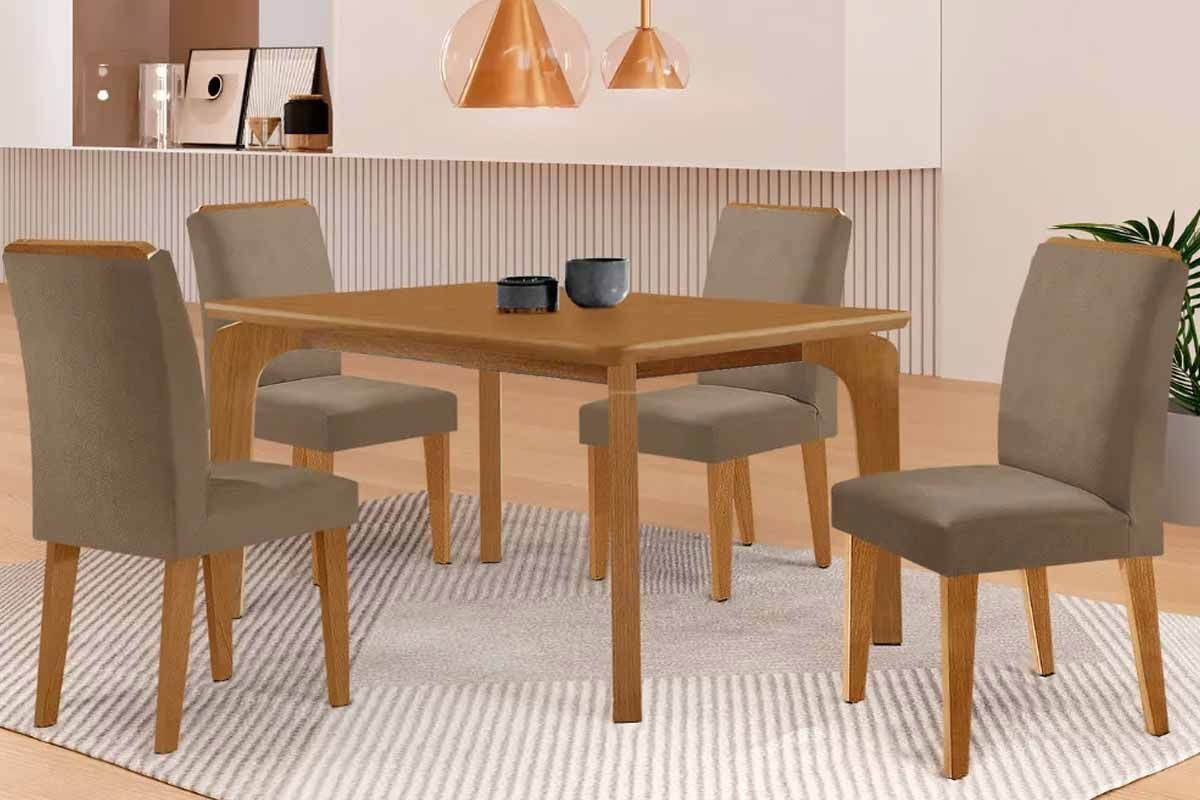 Sala de Jantar Completa Londrina c/ Tampo Madeirado Canto Curvo 120x90cm e 4 Cadeiras Dakota Madeira Maciça - Rufato
