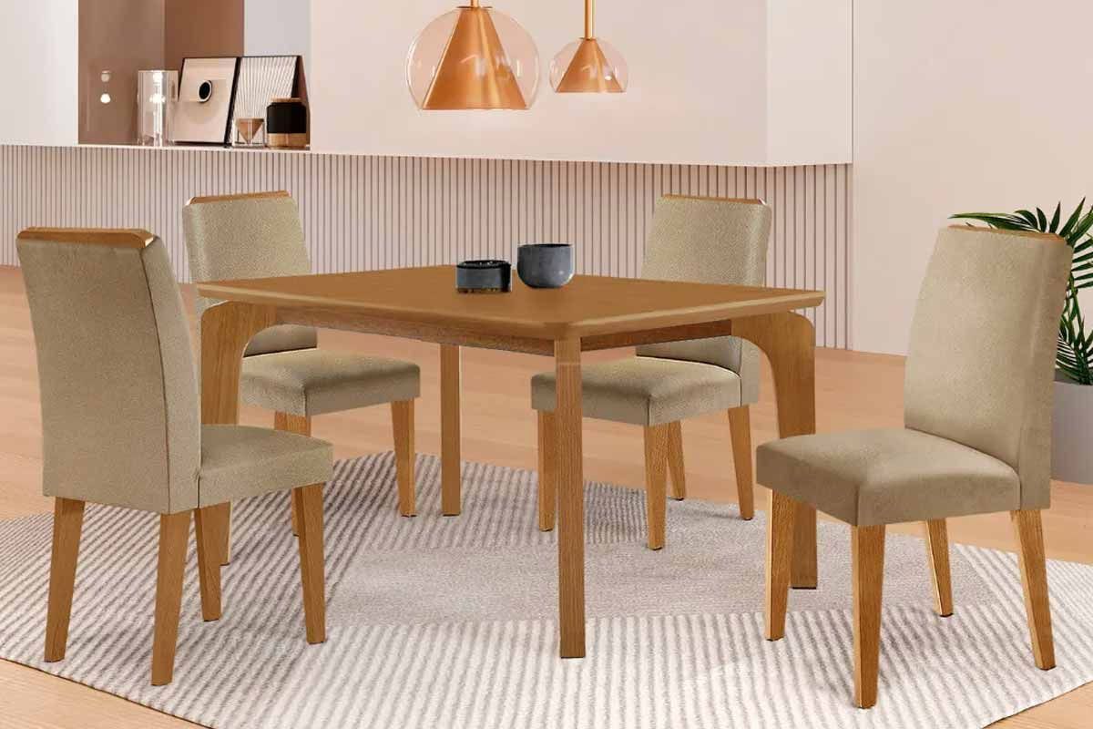 Sala de Jantar Completa Londrina c/ Tampo Madeirado Canto Curvo 120x90cm e 4 Cadeiras Dakota Madeira Maciça - Rufato